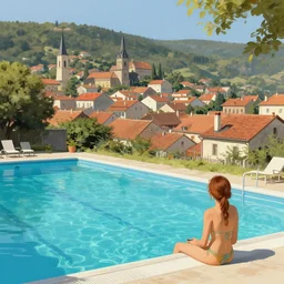seeing small town from swimming pool, east europe, highly detailed, digital painting, artstation concept art, smooth, sharp focus, artgerm, alphonse mucha, photorealistic