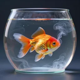 a beautiful intricate cute 3 d goldfish made of smoke in fish bowl, unreal engine, wide shot, by octane render by, ellen jewett