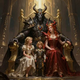 Demon Lord and Demon Lady with their family in the Throne Room | fantasy art
