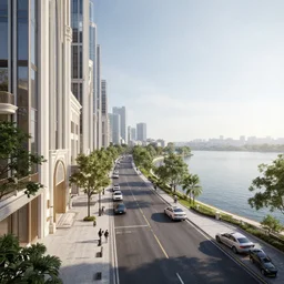 a luxurious city street designed by architects, lakeside, epic cinematic hyperrealism masterpiece, realistic shaded lighting by craig mallismo, artgerm, jeremy lipkin and michael garmash and hans zatzka, unreal engine, radiant light, detailed and complex environment, digital art, art station trends