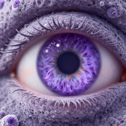 close up photo of a purple eye, electron microscope, spiraling, cgi