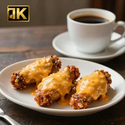 hot wings covered in cheese next to a cup of coffee , Cinematic shot, 8k resolution