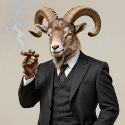 beautiful portrait commission of a male furry anthro mountain goat wearing a pinstripe suit and waistcoat, smoking a cigar, award-winning, detailed, trending on artstation