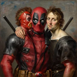 oil painting of renaissance deadpool created by gustave courbet and michaelangelo, fantasy, portrait, highly detailed, large brush strokes