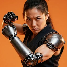 cinematic close-up of a muscled japanese female martial artist with steampunk robotic arms, stern expression, battle ready, sharp, smooth, beautiful, energetic, vivid colors, orange lighting, by Artgerm