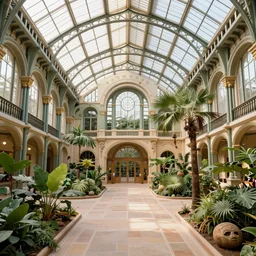 Matte painting of the interior view of giant botanical museum. ArtNouveau architecture. colorful birds flying. Magical lanterns and chandeliers. Fantastical, detailed digital art trending in artstation