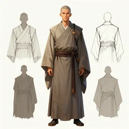 a character design sheet for a scifi monk religious figure in the style of scifi art nouveau digital painting