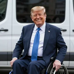 donald trump in a wheelchair next to van, photograph, happy, high resolution, high quality, beautiful face, attractive