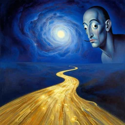 a golden river flowing through a nebula by delphin enjolras, and dali, blue mood, blue light