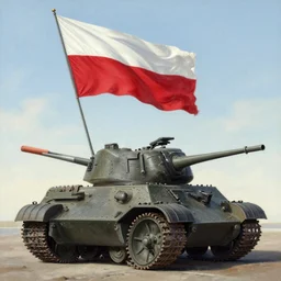 a tank in warsaw with polish flag waving, painted by Jan Matejko