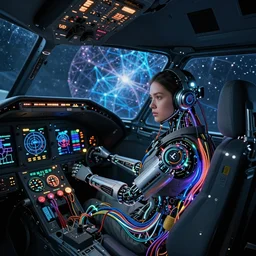 dark aeronautical theme : a beautiful girl robot fighter pilot is female piloting while connected by luminous intricate organic and colorful electric cables and wires and fibers to the jet cockpit with dials and lights and gauges and radar, experiencing the quantum field cinematic highly detailed realistic beautiful cosmic neural network o