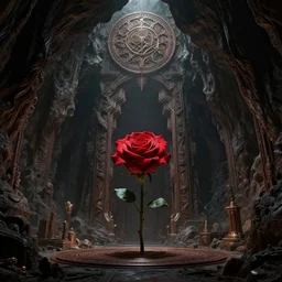 a single red rose inside a huge enormeous cave in giger style, necronomicon, alien movie, dark, volumetric light, octane render, 8 k, ultra detailed, ornate, intricate, epic canvas, wide angle