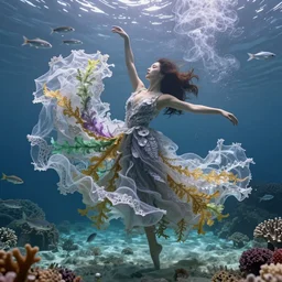 woman dancing underwater wearing a flowing dress made of many translucent layers of silver and gold lace seaweed, hints of green purple yellow, delicate coral sea bottom, swirling silver fish, swirling smoke shapes, unreal engine, caustics lighting from above, cinematic, hyperdetailed