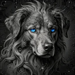 dog as a god, very detailed face, flowing hair, blue eyes, detailed features, fantasy, circuitry, explosion, dramatic, intricate, elegant, highly detailed, digital painting, artstation, concept art, smooth, sharp focus, illustration, art by gustave dore, octane render