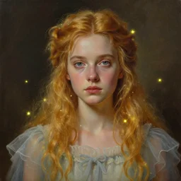 breathtaking detailed painting of luna lovegood, by ruan jia, gauze dress and fireflies in golden mists, detailed realistic facial features, amalgamation of magical stars, 8 k, concept art, matte, sharp focus, rembrandt style