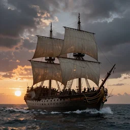 a sunset and stormy sea with a giant pirate sailing-warship in style of Aivazovskiy, hypertealistic, high details, cinematic, 8k resolution, beautiful detailed, insanely intricate details, artstation trending, octane render, unreal engine,
