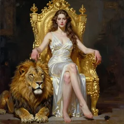 beautiful woman on a gold throne with male lion at her feet, a beautiful painting by wayne barlowe and frank frazetta