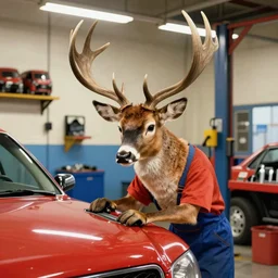 a anthropomorphic buck with large antlers working on a car in a mechanic shop painted by norman rockwell, vivid colour, trending on artstation, highly detailed, smooth, 8 k