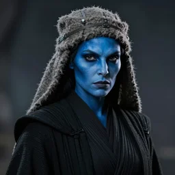 star wars portrait of a woman by greg rutkowski, young female twi'lek jedi, blue skin, evil expression, wearing a wool cap and black robes, detailed portrait, sharp foccus, cinematic ilumination, artstation hq.
