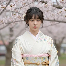 A beautiful print of a young woman in a traditional kimono, with a background of sakura blossoms. deuteranomaly by Noah Bradley, by Frits Van den Berghe sinister