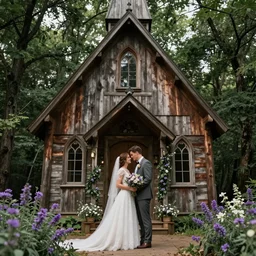 modern wedding photography. rustic bohemian. young couple. purple and green. woodsy, old church, flowers.