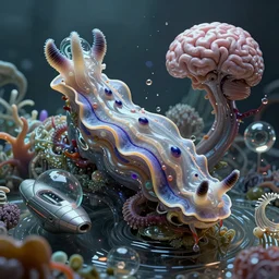 nudibranch, aliena, the omni, gelatinosis glass, unspaceship, retro futurism, phantastica, octane render, by peter mohrbacher, lush layered, gekkolings, biomechanical fauna, fluida, fluox symbiosi crusta, vortices micro water, gekko soles, mollis, gelatin brains, chaos, artificia