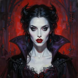 masterpiece painting of elite vampire widow girl portrait by elena kukanova, jeff easley, james jean and zdizslaw beksinski, 8 k, epic, majestic, intricate artwork, volumetric lighting, porcelain skin, dramatic vivid and vibrant colors, gothic, haunting, in the style of midjourney, trending on artstation, behance