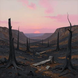 a painting of a valley with black tree stumps and broken stone. scorched earth, sunset, a detailed matte painting by marc simonetti, deviantart, hudson river school, terragen, pink clouds, pastel sky, trending on artstation