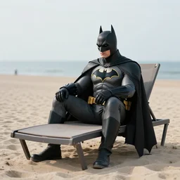 realistic photo of batman, he is on a quiet beach, he is sitting on a lounger while watching the sunset, by tuca reines and max rive, graphic studio design, high detail, unreal engine 5, trending on artstation