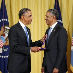 A serious Barack Obama in a suit is awarding a medal to another, smiling, suited Barack Obama. There's a yellow curtain in the background.