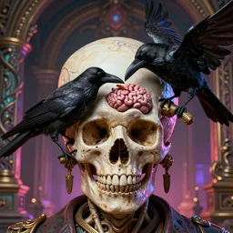 a close - up portrait shot of a man with an open skull, with a crow!!!! eating!!!!! the brain!!!!, cult dystopian neon environment, intricate, elegant, highly detailed, centered, digital sculpture, artstation, concept art, smooth, sharp focus, artgerm, 8 k rendering, ray tracing, by salvador dali and david cron