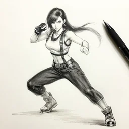 digital pen lineart sketch of athletic tifa lockheart in a fighting pose, final fantasy 7, by gnomon, by ilya kuvshinov, trending on pixiv fanbox, by weta digital, octane render