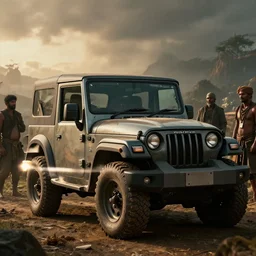 Mahindra thar, tribe members watching nearby, an epic fantasy, dramatic lighting, cinematic, establishing shot, extremely high detail, photorealistic, cinematic lighting, cgsociety, by simon stalenhag, horizon forbidden west