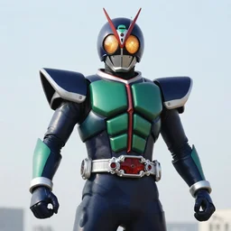 High Fantasy Kamen Rider, glowing eyes, 4k, daytime, rubber suit, segmented armor, dark blue armor with green secondary color, tokusatsu