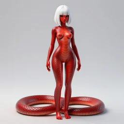 full length complex 3 d hyper realistic smooth ultra sharp render of a gorgeous female | her skin is red and scaly like a snake | her hair is short and white with long bangs | her pupils are solid black | art by oh jinwook + 吵 集 仁 儿 on artstaion + takeshi obata + alphonse mucha + jim lee