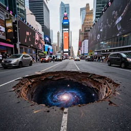 Photo of Times Square with a giant sinkhole in the middle of the road, a starry galaxy is visible in the sinkhole, award-winning photograph, 8k, hyper-realistic