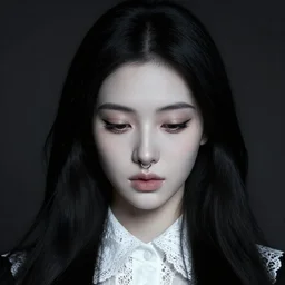 layers of fear portrait of a beautiful pale skin girl with long balck hair hairstyle, the corners of the brown eyes with very long eyelashes are turned down, small nose with piercing ring in a white lace collar shirt, big lips, by francisco goya