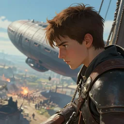 close up of a young warrior on an airship with short brown hair, looking down at the battlefield below, by Greg Rutkowski, 4k, masterpiece