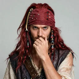portrait of a young ruggedly handsome but cantankerous pirate, male, masculine, upper body, red hair, long hair, d & d, fantasy, bashful smirk, intricate, elegant, highly detailed, digital painting, artstation, concept art, matte, sharp focus, illustration, art by artgerm and greg rutkowski and alphonse mucha