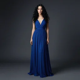 a portrait photography of a beautiful woman with black long curly hair and full body dress in blue by Flora Borsi, soft professional studio lighting, dramatic colors scheme, fine art photography, dramatic colors background, 50 mm sigma art