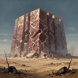 a vast, looming, infinite monolith made of meat in a desolate, charred desert, painted by zdzislaw beksinski