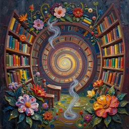 oil paint impasto relief of chromatic library, spiral, unreal engine, global illumination, flowers, smoke, detailed and intricate environment, mysterious, comfort