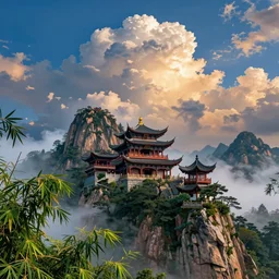 beautiful chinese architecture with mountains, bamboo, blue skies, and voluminous clouds ; beautiful, amazing, colorful, dramatic lighting, cel - shaded, amazing depth, vivid colors, masterpiece ; behance hd, octane render, unreal engine 5, hyperdetailed, photography, photorealistic, 8 k