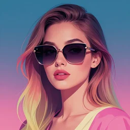 portrait art of an beautiful muted vaporwave ombre stylish retrofuturistic woman wearing oversized sleek euro sunglasses atmosphere, glow, shaded, full of colour, cinematic lighting, trending on artstation, 4 k, focused, extreme details, vector, by patrick nagel, bold clean lines