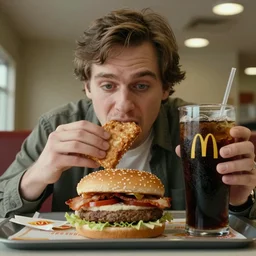 patrick bateman eating a double bacon quarterpounder from mcdonalds, and holding a large coke