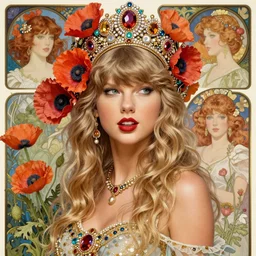 taylor swift is a beautiful blonde young woman wearing an elaborate jeweled headdress with poppies dreamlike portrait by frank cadogan cowper, carlos schwabe, william morris, edmund dulac, and alphonse mucha, beautiful refined hyperdetailed dreamscape