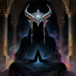 a close - up view portrait of a silhouetted cosmic wizard meditating with iridescent metallic technology headwear in sci - fi baroque neoclassicist halls. detailed textures. glowing colorful fog, dark black background. highly detailed fantasy science fiction painting by moebius, norman rockwell, frank frazetta, and syd mead. rich colors, high contrast. artstation