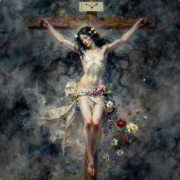 long shot, full body portrait, Crucifixion pose, of a beautiful goddess, in laced dress, swarming in flowers, magical, pale skin, blue eyes, long black hair, floating in a misty daze, dark romance by pete mohrbacher and greg rutkowski, watercolor painting, deviantart, pinterest
