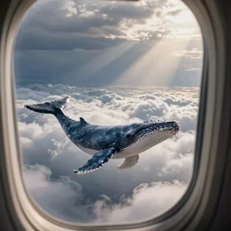 photo of flying whale in the clouds, photo from the plane window