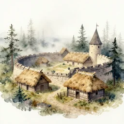 paint brush strokes, abstract watercolor painting of rustic village fortress, pine trees, mysterious mythology, medieval straw roof, scandinavian viking age, fog, ambient lighting, art by hans dahl, by jesper ejsing, art by anders zorn, wonderful masterpiece by greg rutkowski, cinematic light, american romanticism by greg manchess, creation by tyler edlin